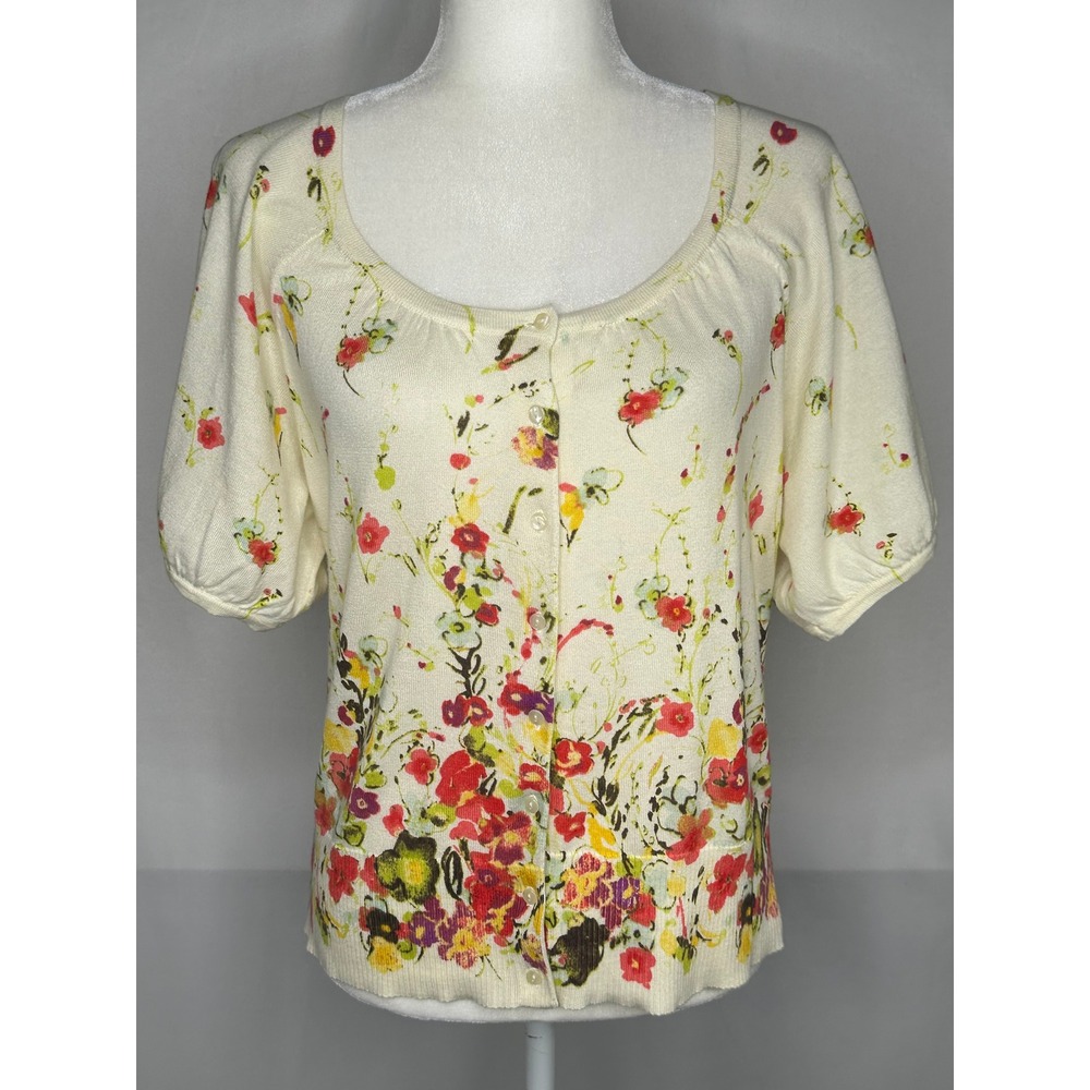 Ann Taylor Loft Womens Floral Pima Cotton Cardigan Sweater Cream Cottagecore  L